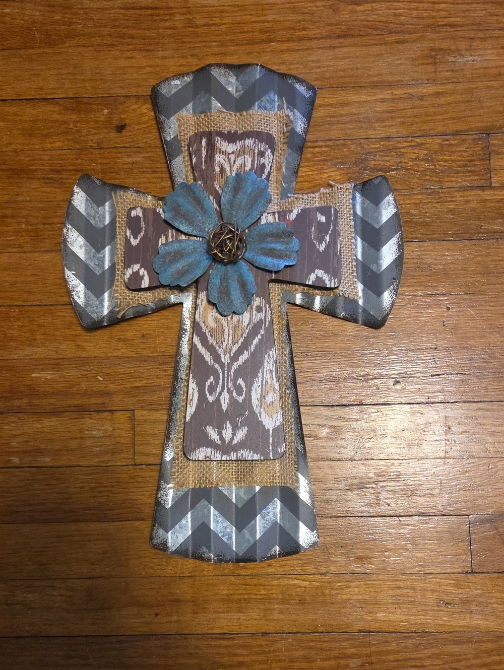 Rustic Chevron Decorative Wall Cross with Turquoise Metal Flower